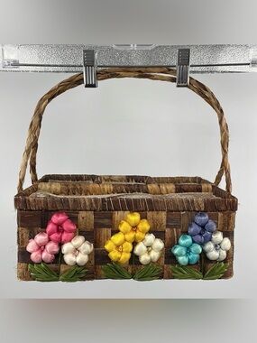 Vintage Woven kitchen Storage Organizer Basket Ribbon Flowers 4 Compartments